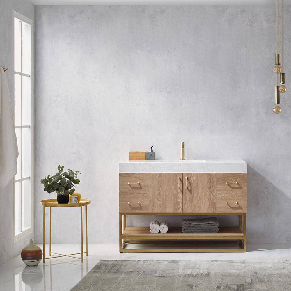 ROSWELL Alistair 48 in Bath Vanity in North American Oak with Grain Stone Top in White with White Basin