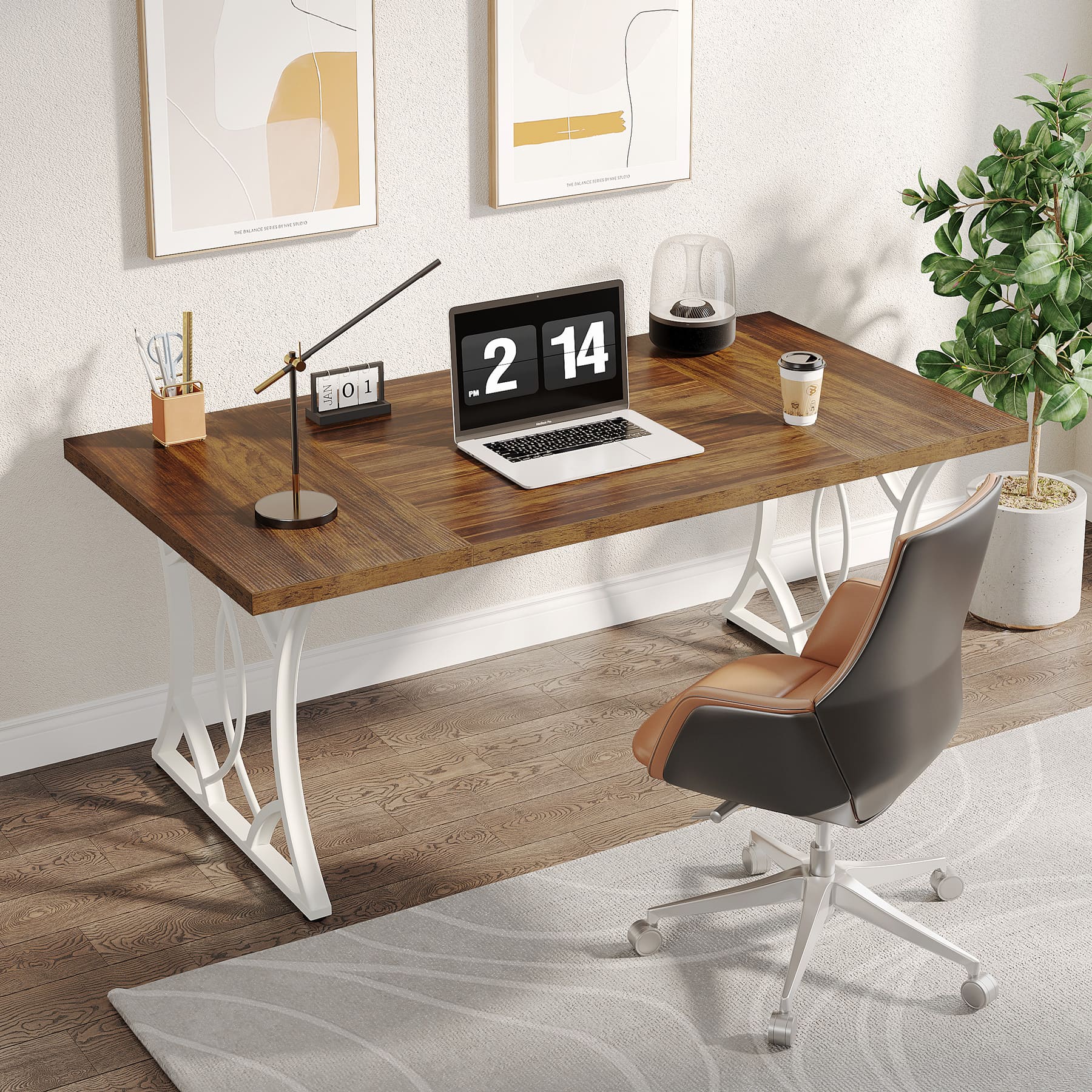 63-Inch Executive Desk, Industrial Computer Desk with Wooden Tabletop