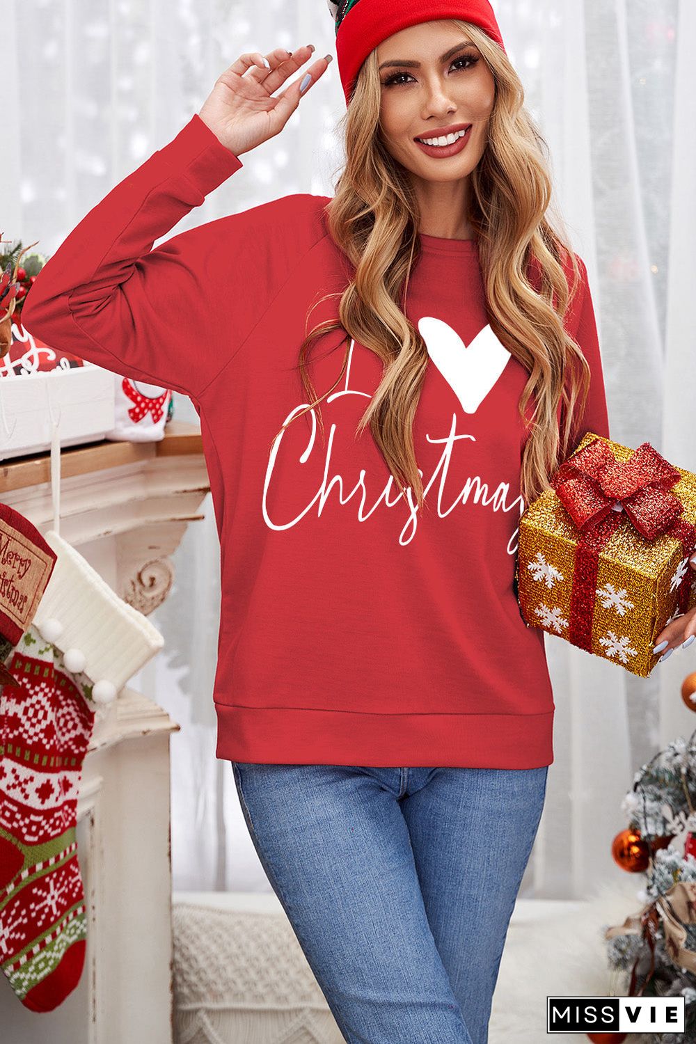 Red I Love Christmas Graphic Print Sweatshirt