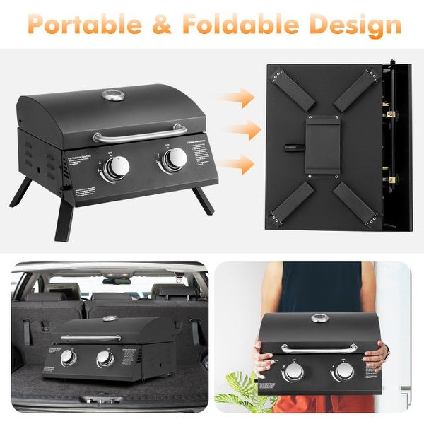 2-Burner Propane Gas Grill 20000 BTU Outdoor Portable with Thermometer - 22.5