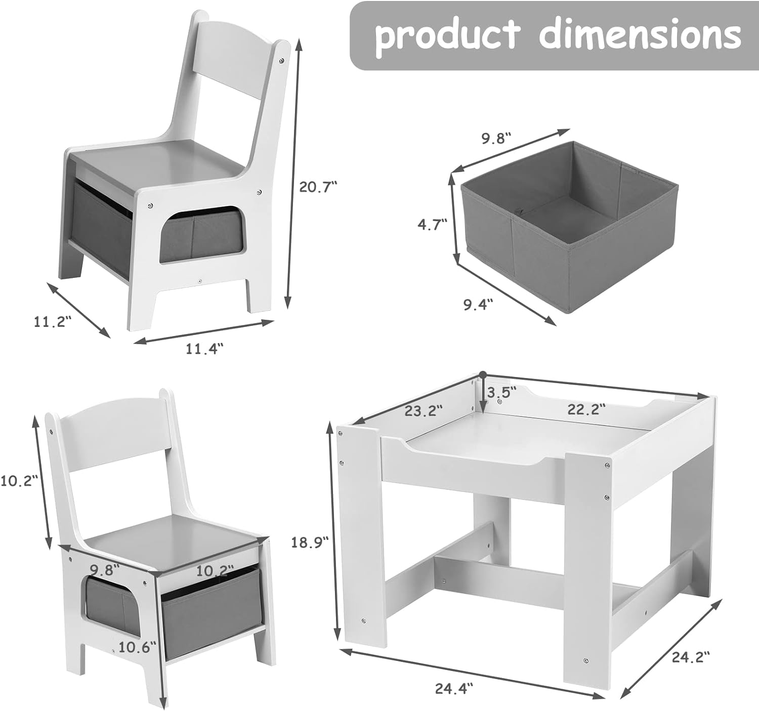 Kids Table and Chairs Set with Storage Drawers, Drawing Black Board Desk