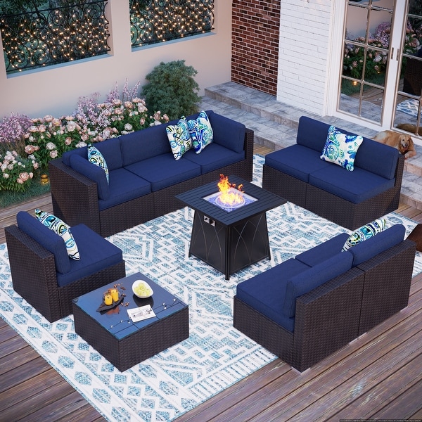 8Seater Fire Pit Table Rattan Sectional Sofa Set