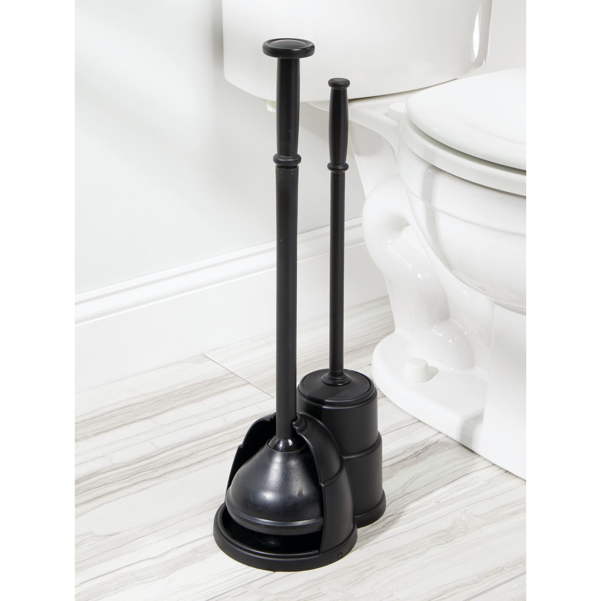 mDesign Plunger and Brush Set for Toilet Bowl - Hidden， Modern Toilet Brush and Plunger Set with Caddy - Brush Cleaner and Plunger Combo with Holder for Bathroom - Hyde Collection - Black