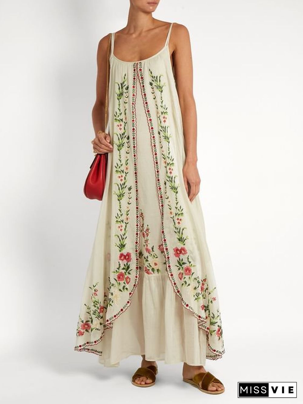 Bohemian Embroidered Suspender Maxi Dress for Women