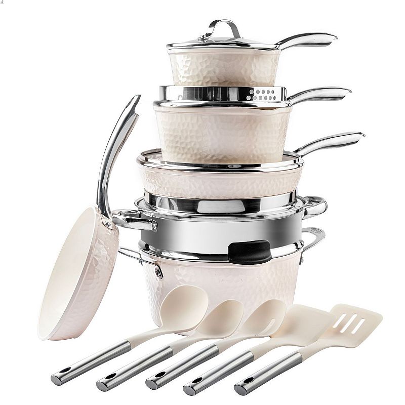 Gotham Steel Hammered 15 pc Cream Ultra-Ceramic Nonstick Cookware Set with Utensils