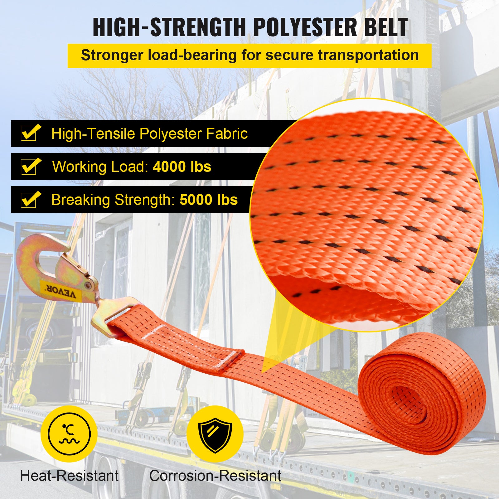 VEVOR Ratchet Tie Down Strap, 15.6ft x 2in Polyester Ratchet Strap 4000 lbs Working Load, 12 PCs Heavy Duty Car Strap w/ Double Hooks, Car Tie Down Strap with Chain Anchors, Security Fastening, Orange