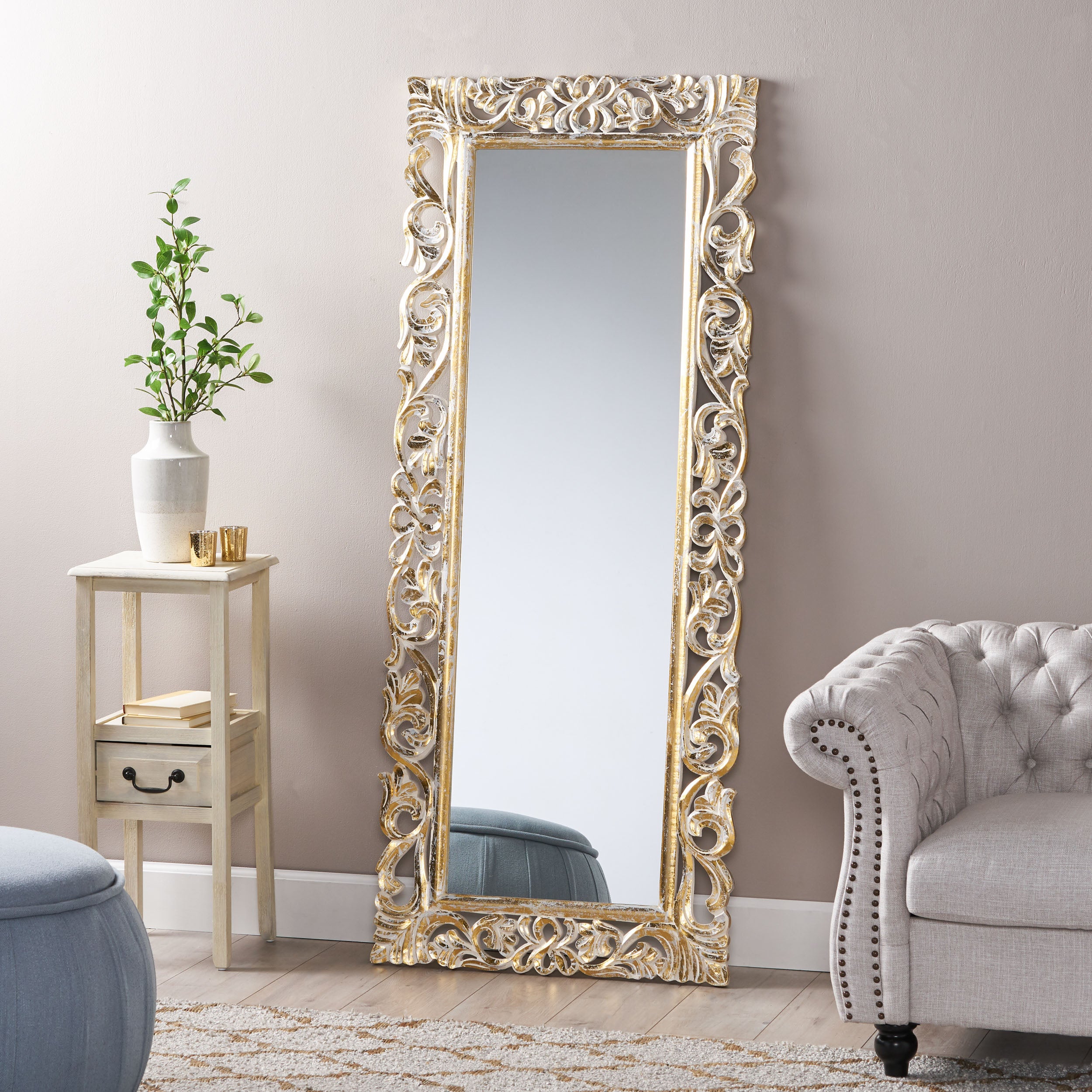 Sarah Traditional Standing Mirror with Floral Carved Frame