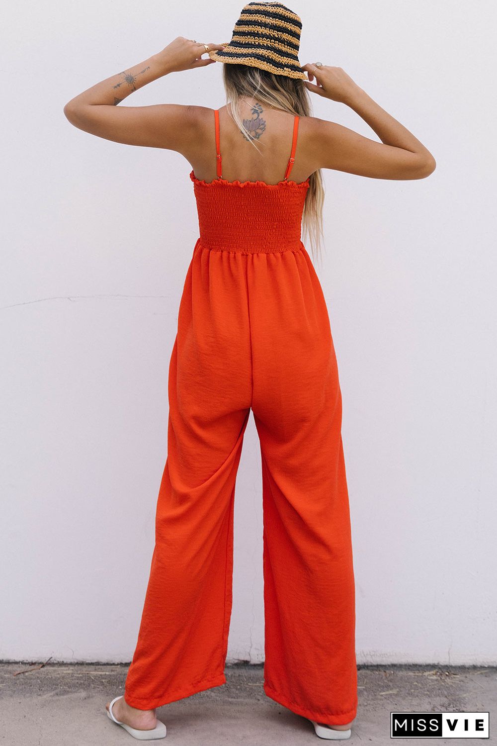 Smocked Spaghetti Straps Wide Leg Jumpsuit