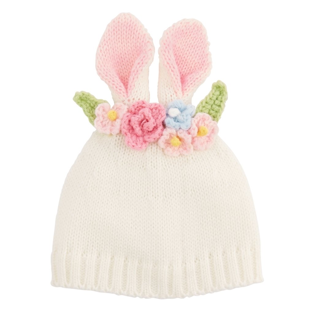 White Knit Bunny Flower Crown Hat