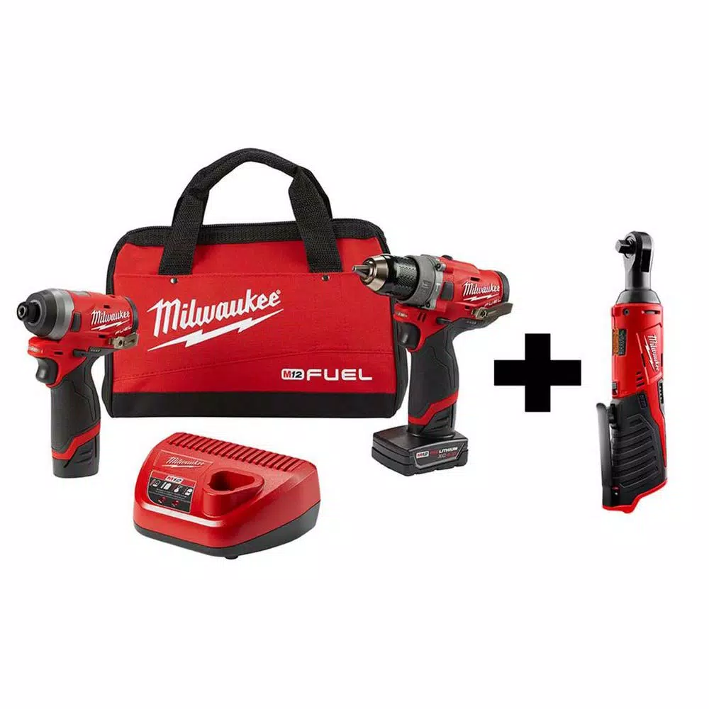 Milwaukee M12 FUEL 12-Volt Li-Ion Brushless Cordless Hammer Drill and Impact Driver Combo Kit (2-Tool)w/ M12 3/8 in. Ratchet and#8211; XDC Depot