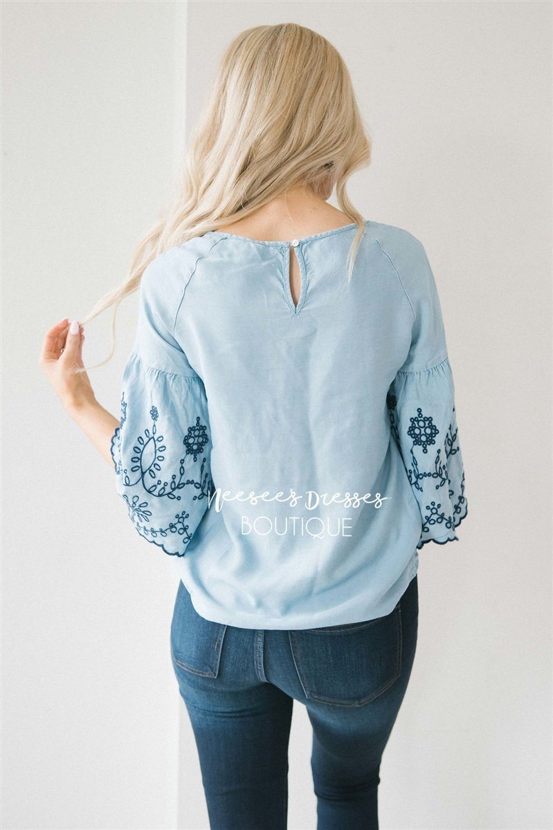 Embroidered Chambray Bell Sleeve Top