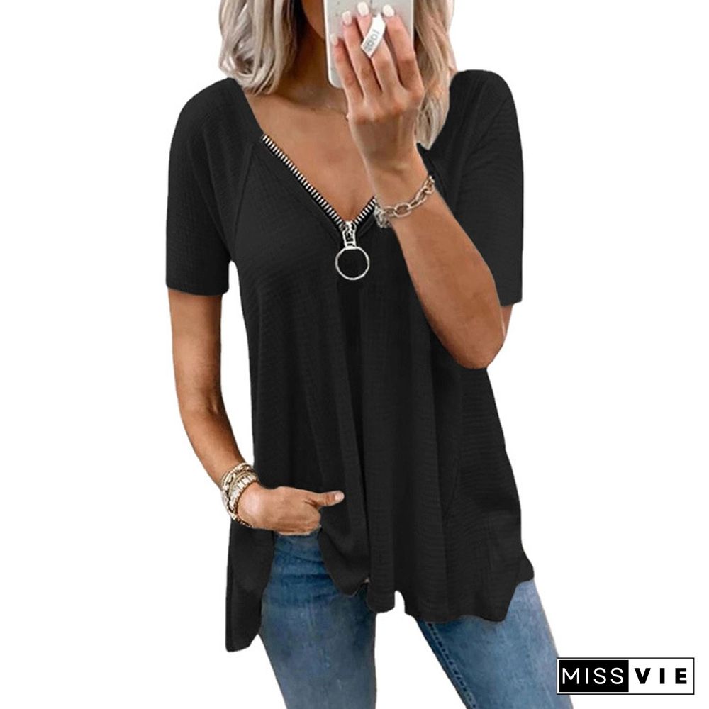 XS-8XL Spring Summer Tops Plus Size Fashion Clothes Women's Casual Short Sleeve Tee Shirts Ladies Deep V-neck Zipper Blouses Solid Color Loose T-shirt Pleated Cotton Tops