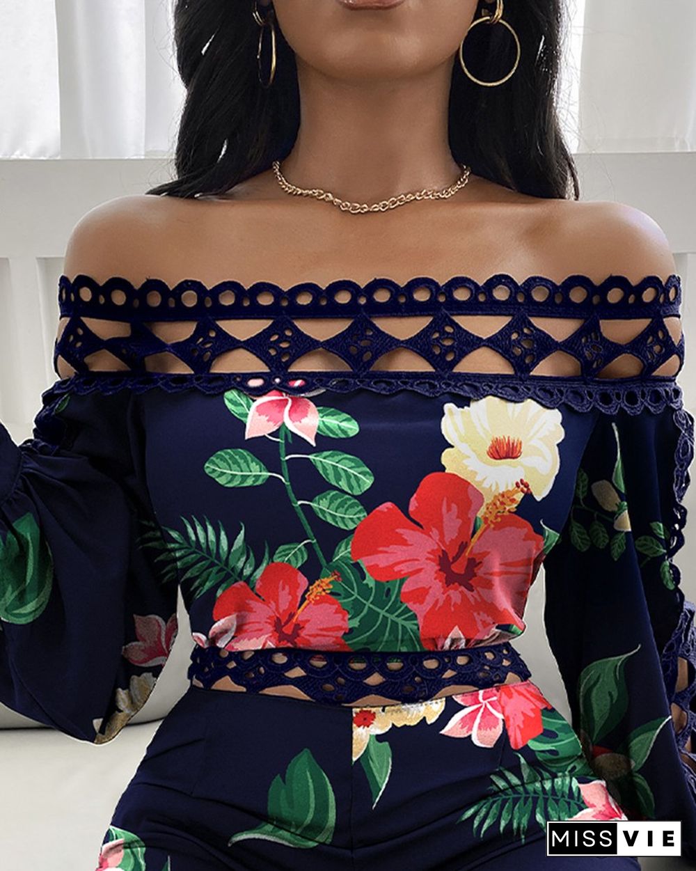 Floral Print Off Shoulder Patchwork Hem Romper