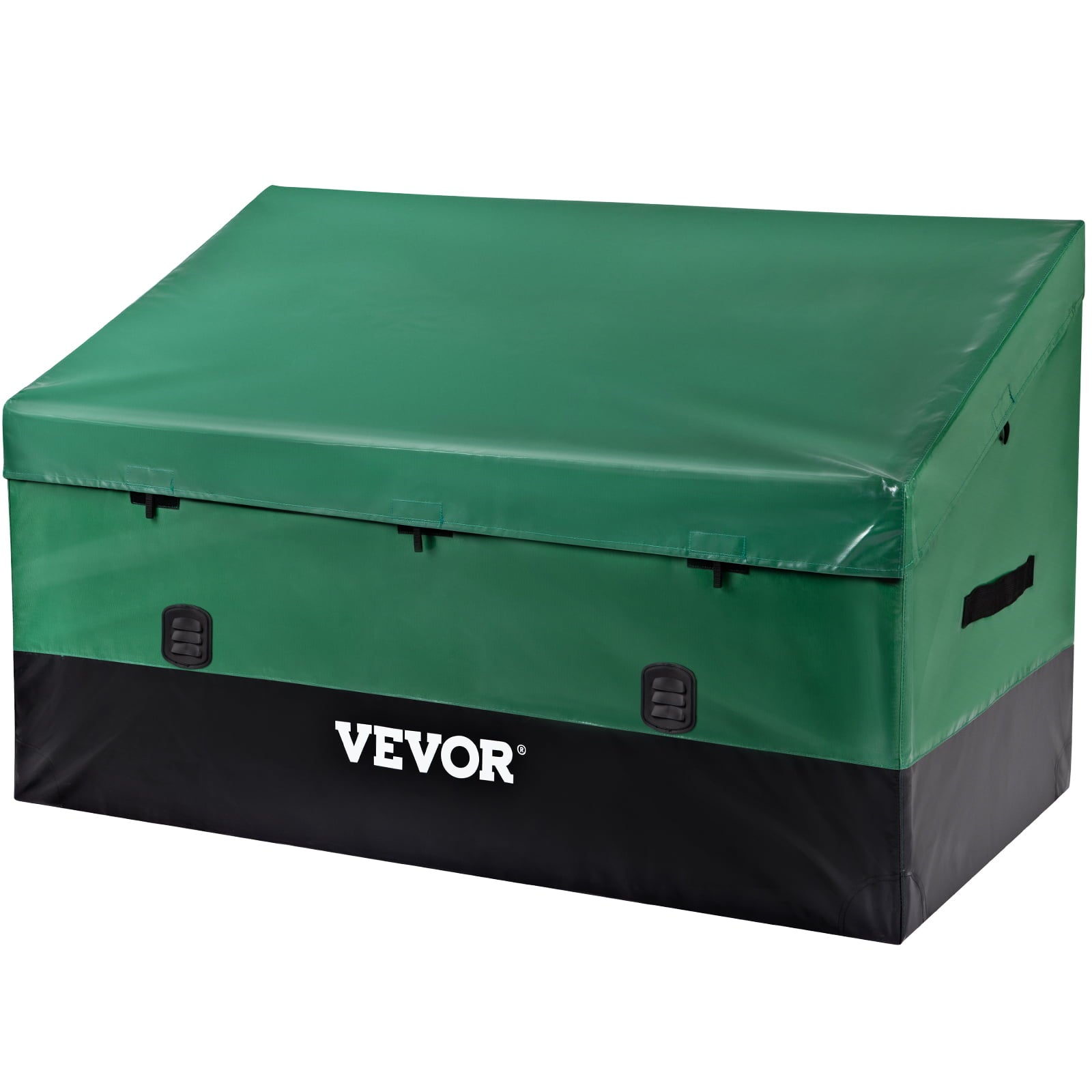 VEOVRbrand Outdoor Storage Box, 100 Gallon Waterproof PE Tarp Deck Box w/ Galvanized Frame, All-Weather Protection & Portable, for Camping, Garden, Poolside, and Yard,Black &Green