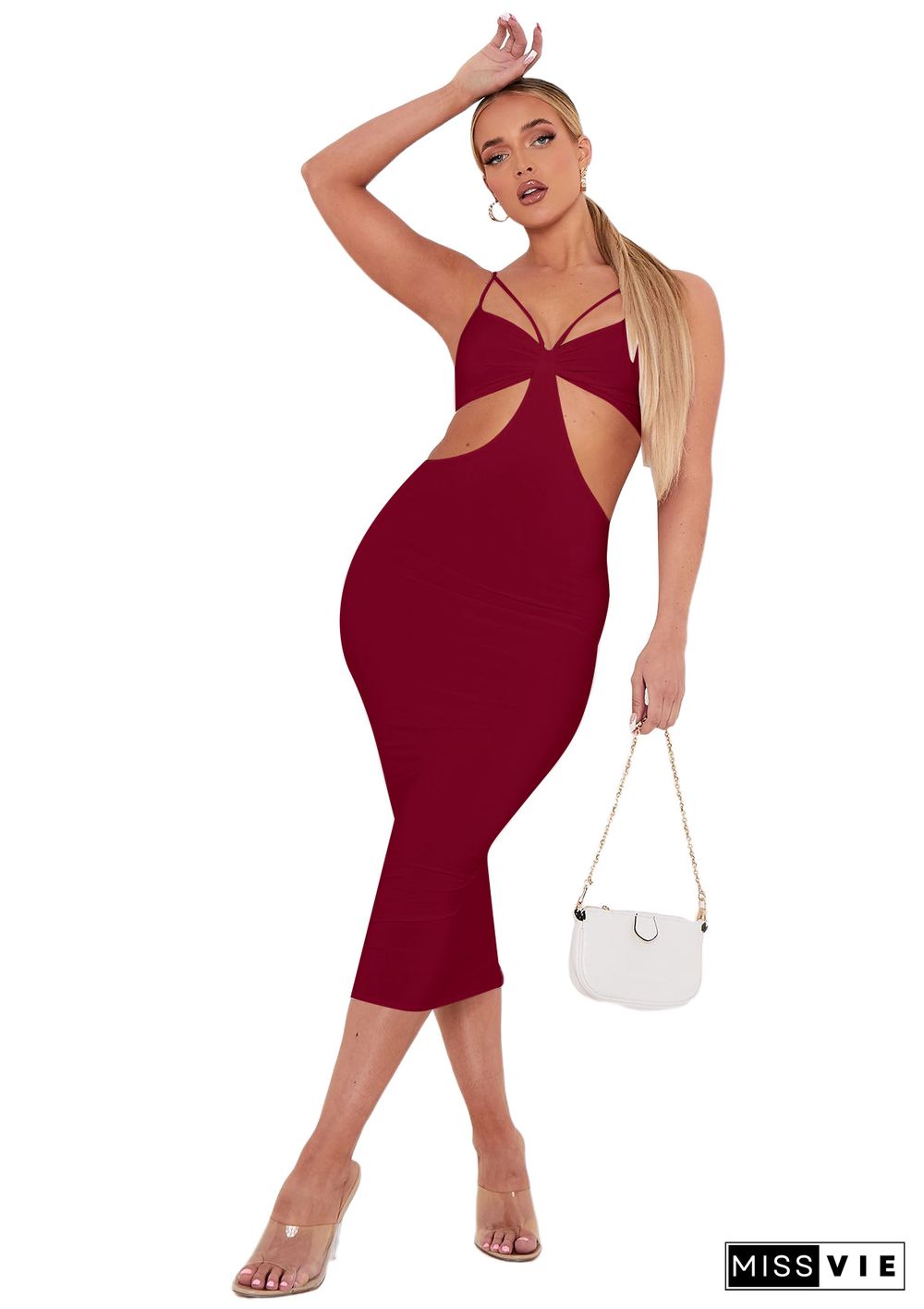 Summer Women Sexy Solid Color Spaghetti Strap V-Neck Hollow Out Backless Skinny Club Party Maxi Dress