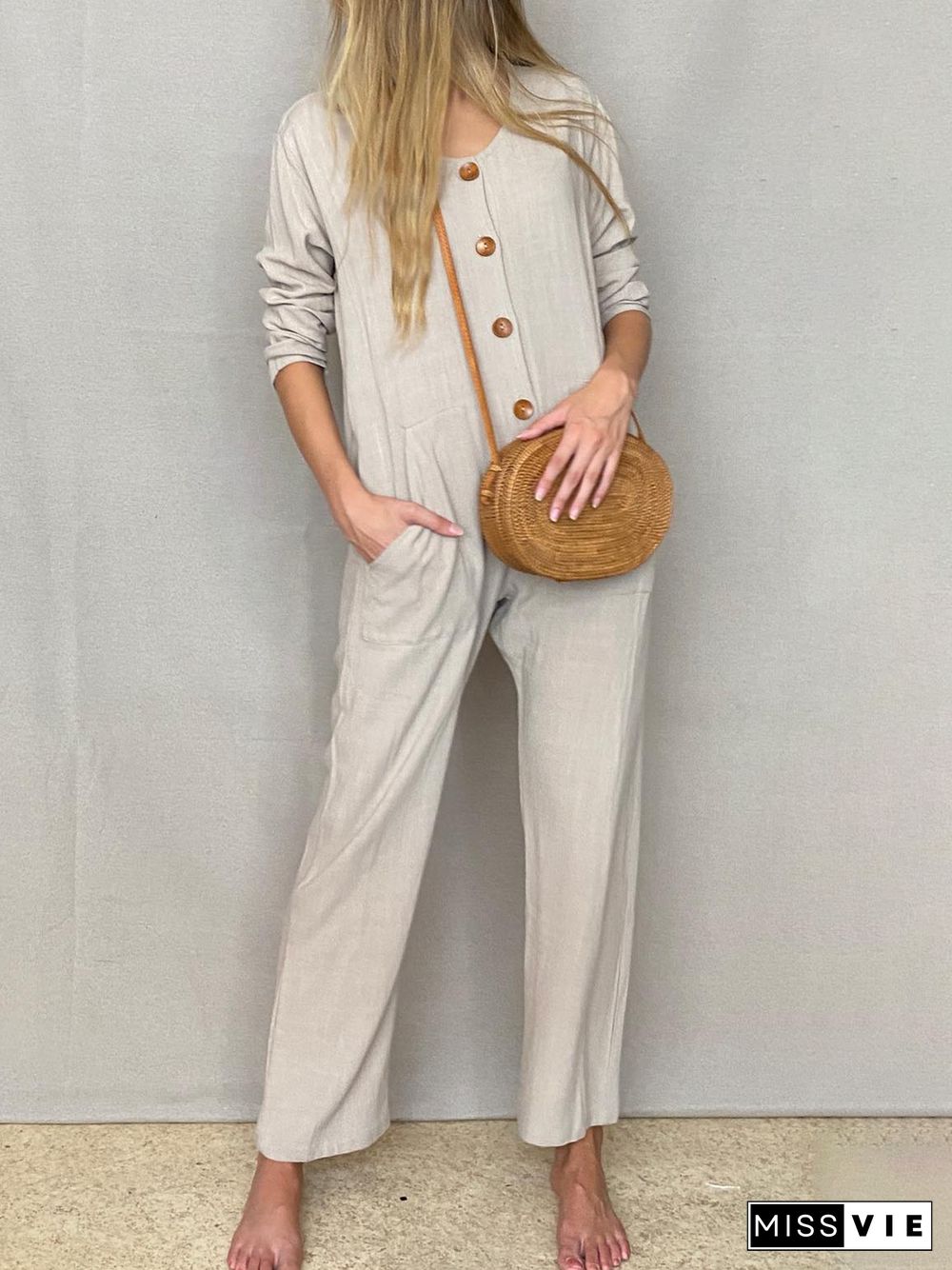 Casual Plain Long Sleeve Jumpsuit & Romper