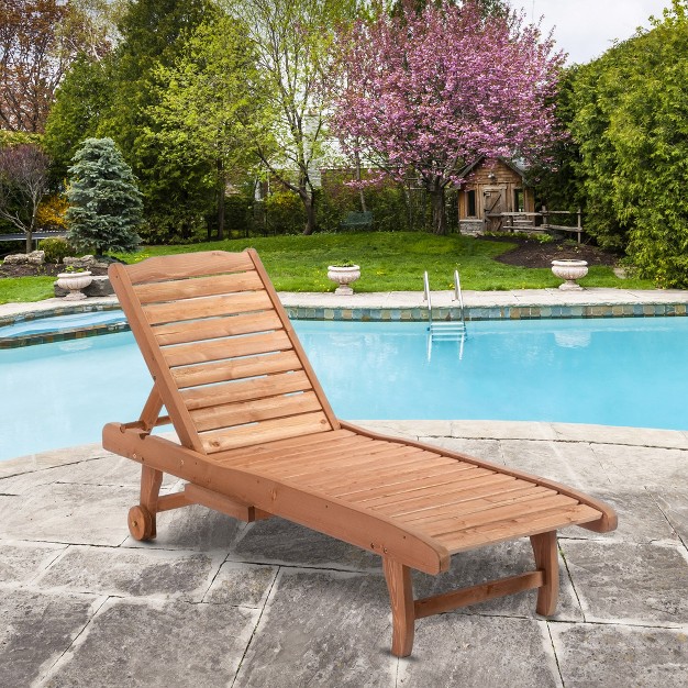 Outsunny Outdoor Chaise Lounge Pool Chair Built in Table Reclining Backrest For Sun Tanning sunbathing Rolling Wheels Red Wood Look