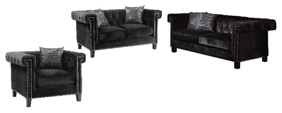 Coaster Reventlow 3 Piece Upholstery Tufted Velvet Sofa Set in Black   Transitional   Living Room Furniture Sets   by Homesquare  Houzz