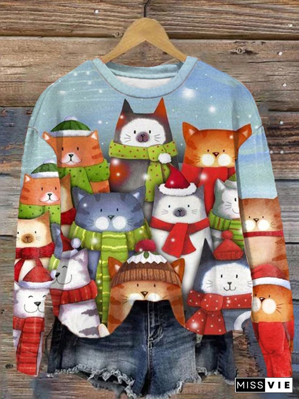 Women's Christmas Cute Cat Printed Sweatshirt