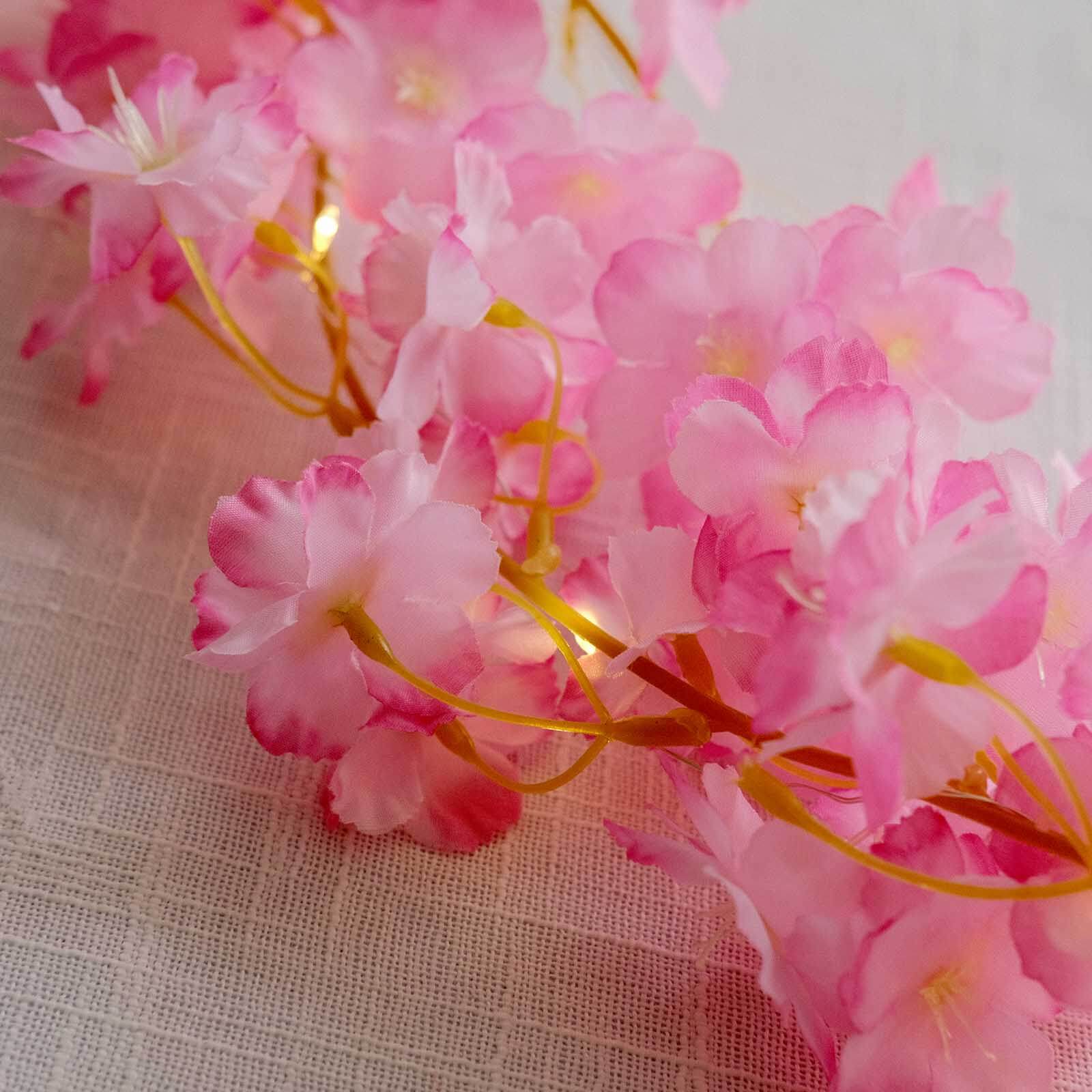 Pink Artificial Cherry Blossom Garland LED Fairy Lights, Warm White 20 LEDs Battery Operated Hanging String Lights - 6ft