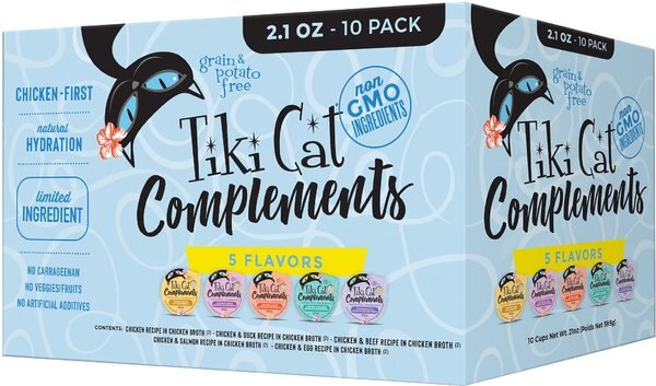 Tiki Cat Complements Variety Pack Grain-Free Wet Cat Food Topper， 2.1-oz， case of 10