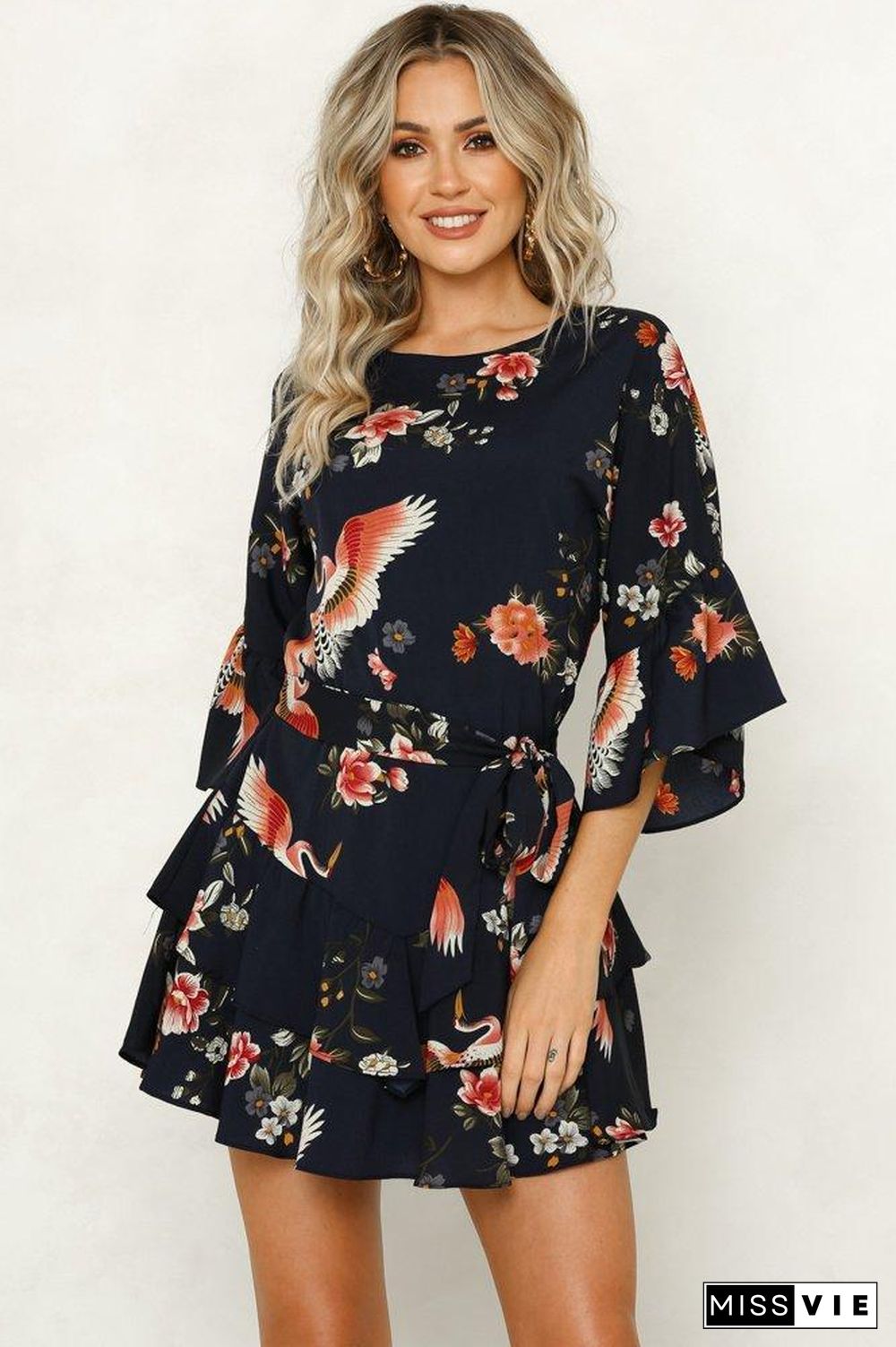 White 3/4 Length Sleeve Floral Pleated Hem Mini Dress