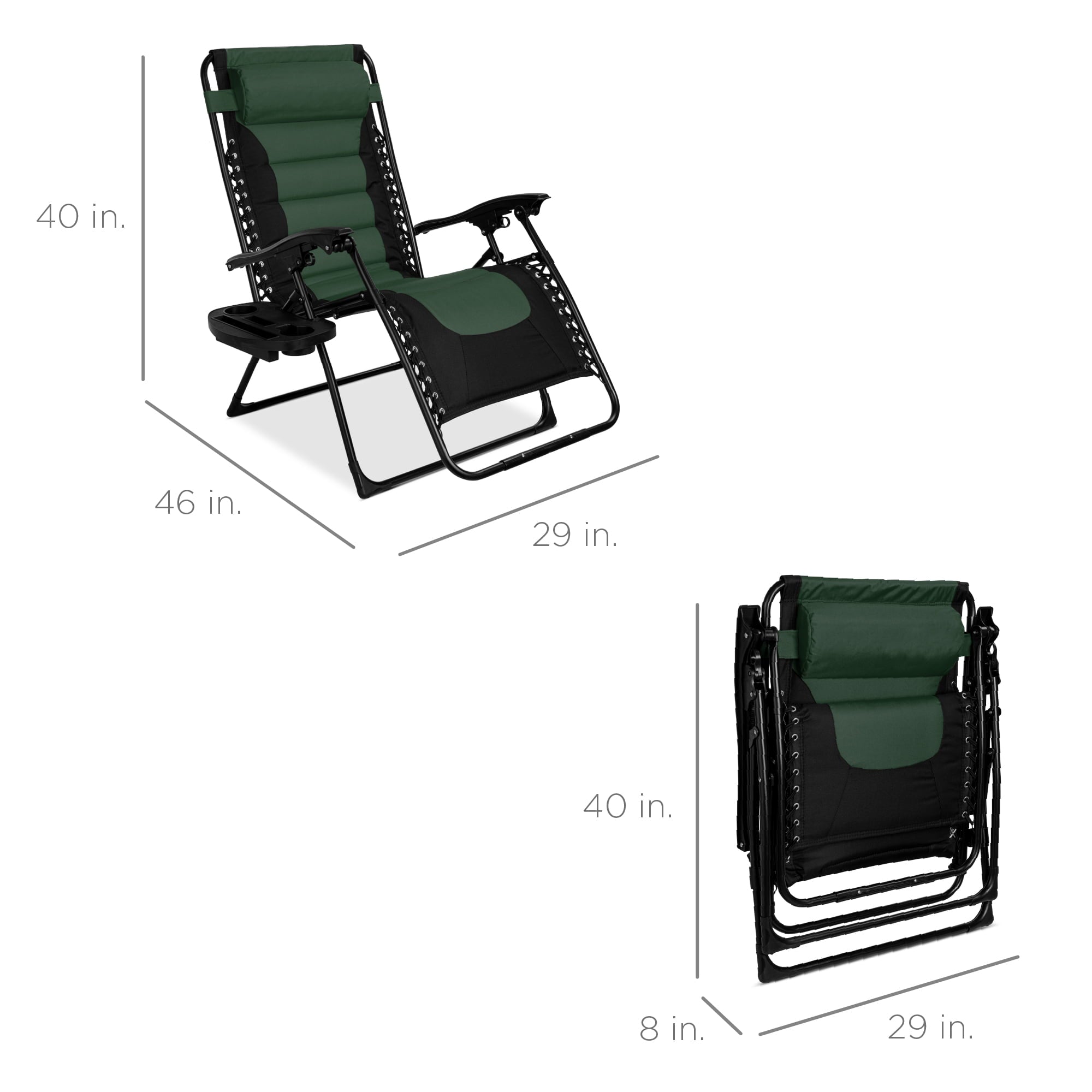 Best Choice Products Oversized Padded Zero Gravity Chair, Folding Outdoor Patio Recliner w/ Side Tray - Forest Green