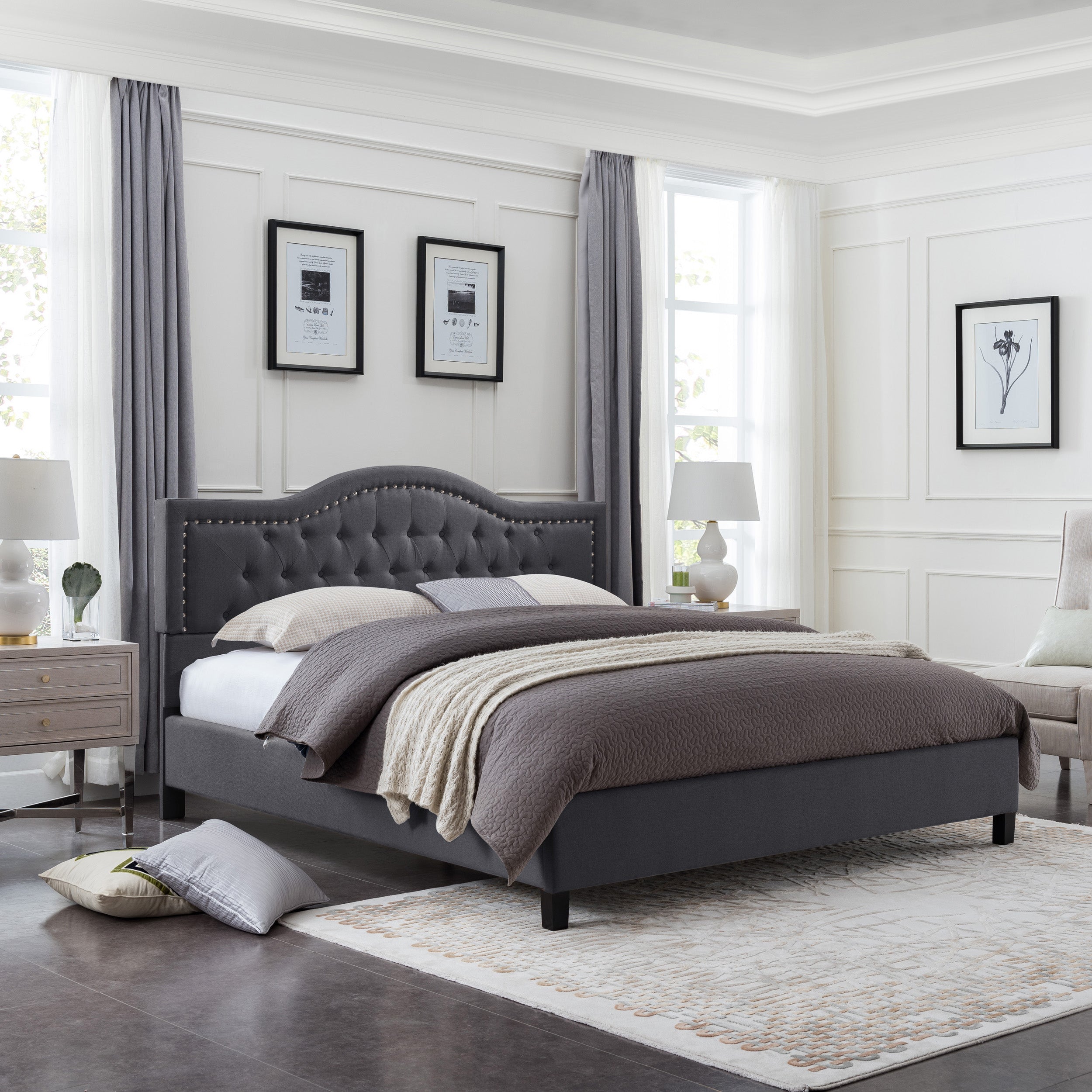 Dante Contemporary Upholstered Bed Set with Nailhead Trim