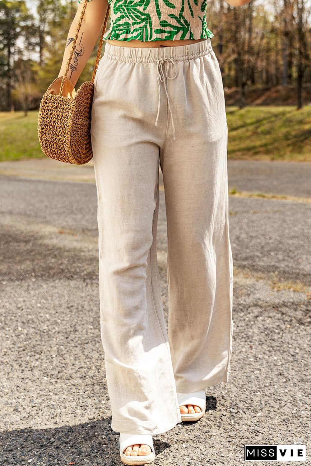 Apricot Linen Elastic Drawstring Waist Loose Pants