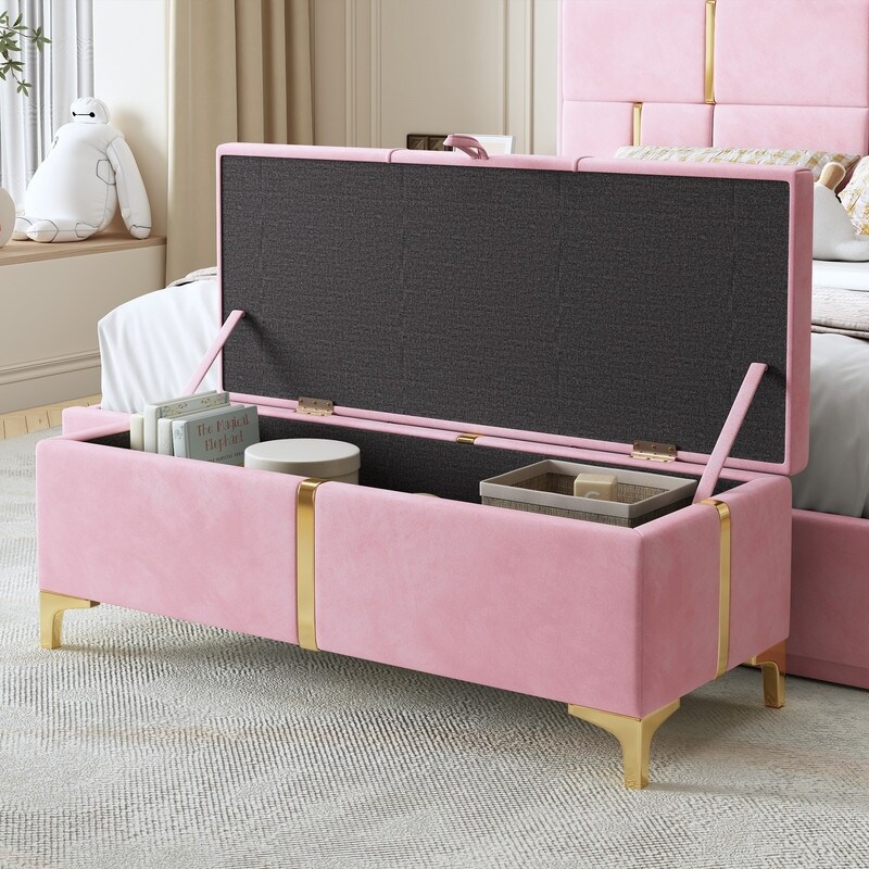 Elegant Upholstered Storage Ottoman Storage Bench with Metal Legs for Bedroom Living Room Fully Assembled Except Legs