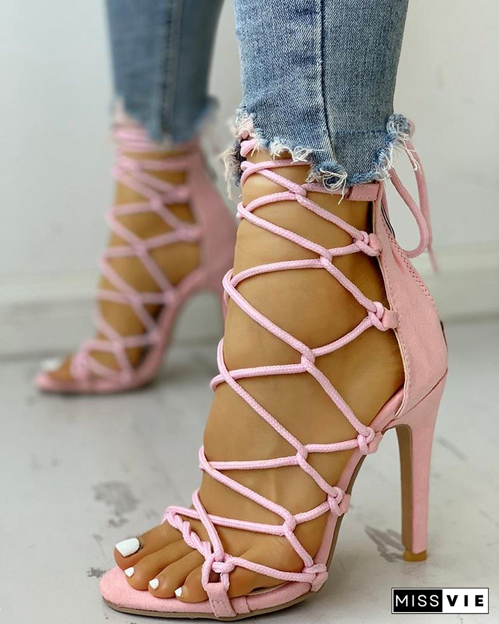 Hollow Out Lace Up Thin Heels Sandals