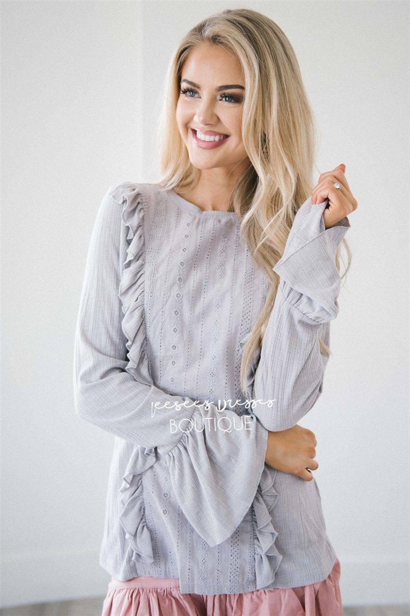 Ruffle Front Eyelet Bell Sleeve Top