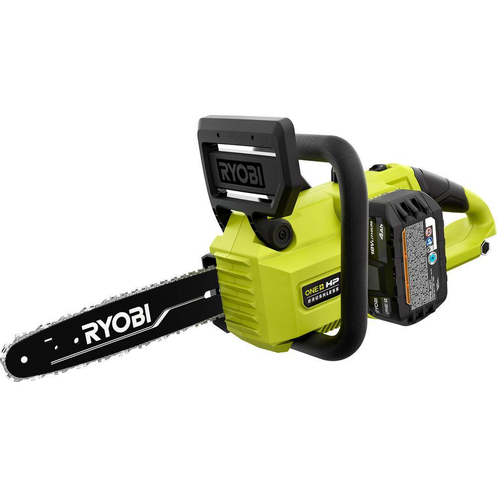 RYOBI ONE+ HP 18V Brushless 10 in. Battery Chainsaw wExtra Chain Biodegradable Bar  Chain Oil 4.0 Ah Battery  Charger P2520-CMB1