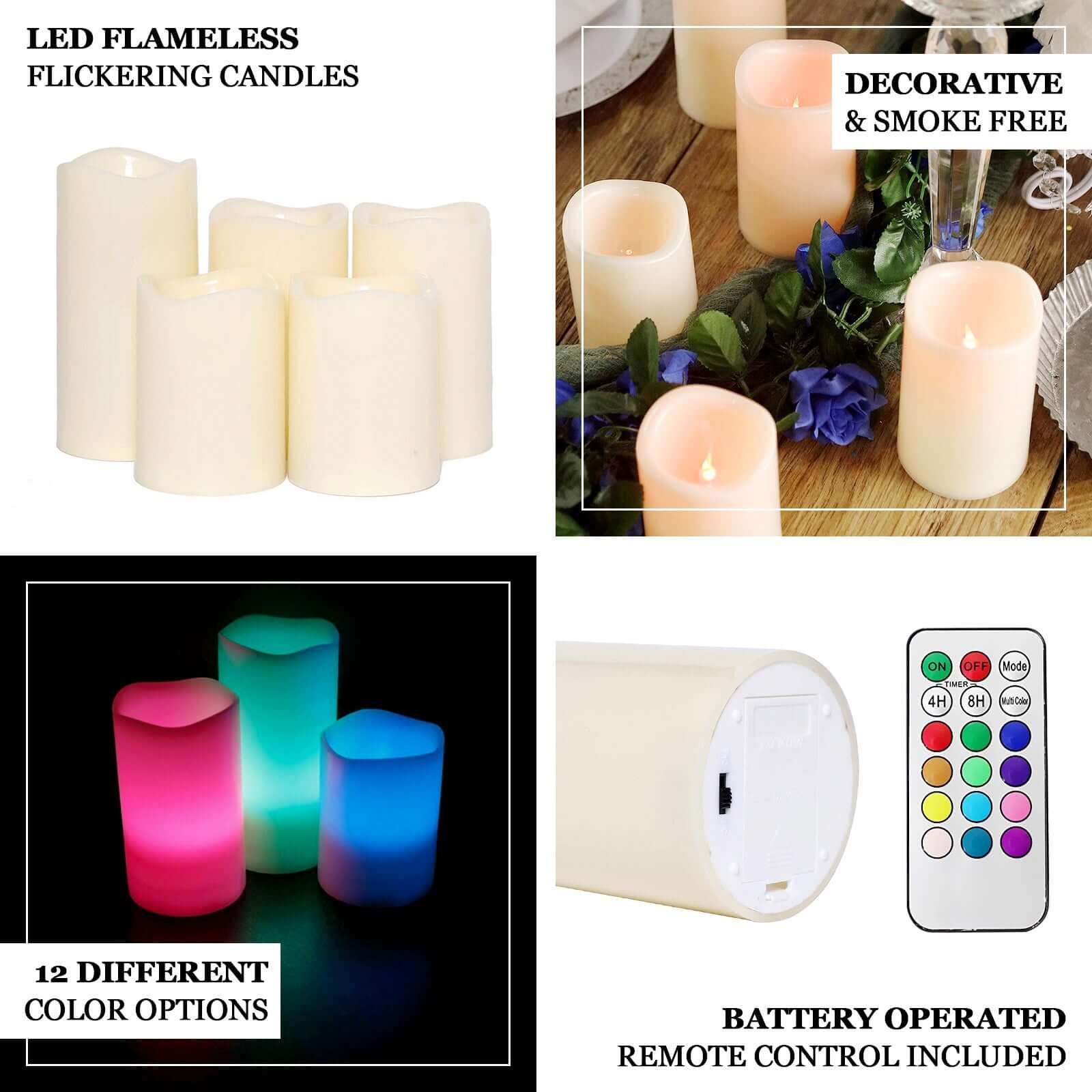 Set of 5 Ivory Flickering Flameless LED Pillar Candles, Color Changing Battery Operated Candles With Remote 4