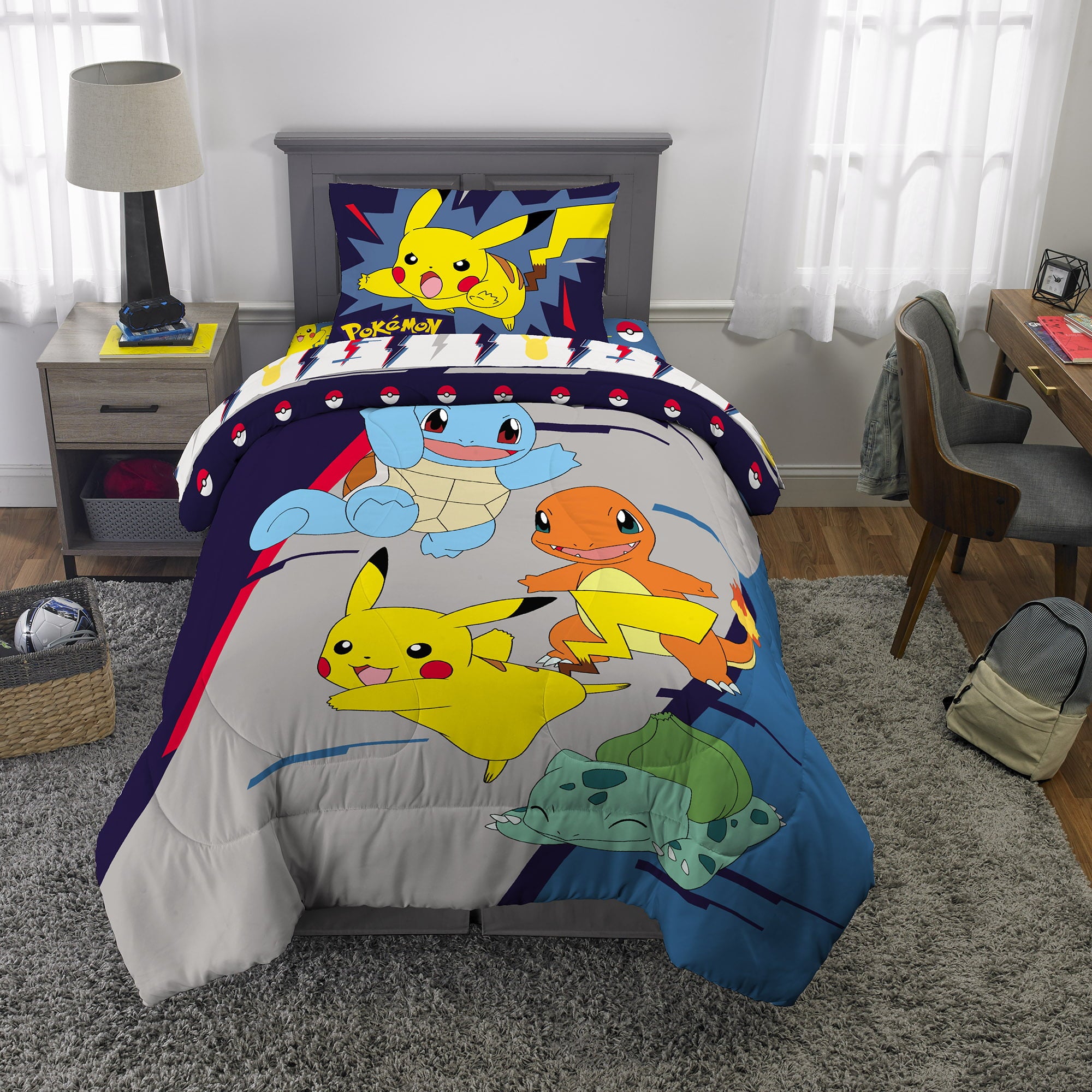 Pokémon Kids Comforter and Sham， 2-Piece Set， Twin/Full， Gaming Bedding， Reversible， Blue and Gray