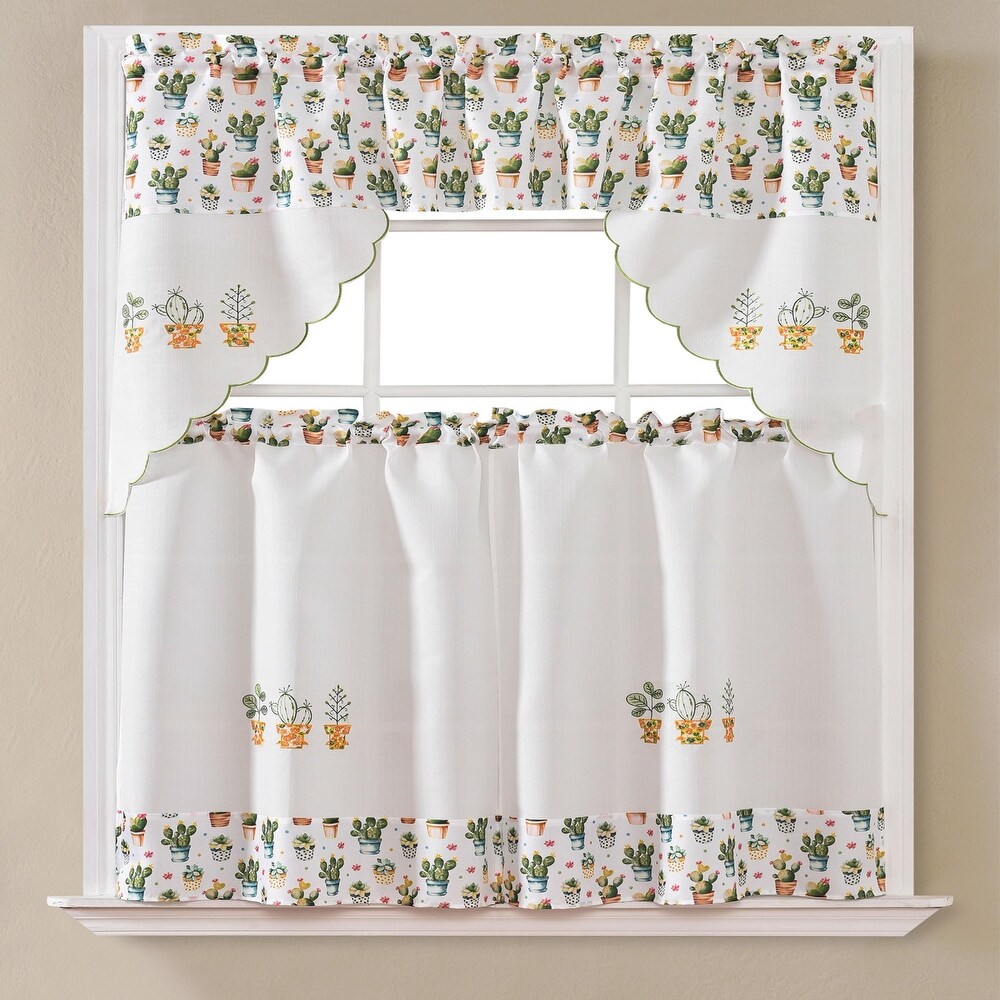 Urban Cactus Printed   Embroidered Kitchen Curtain Set