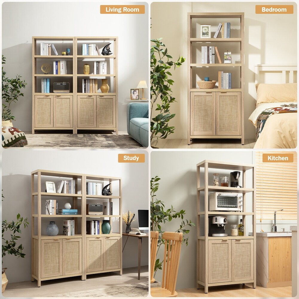 SICOTAS 5 Tier Adjustable Bookshelf with Rattan Storage Cabinet