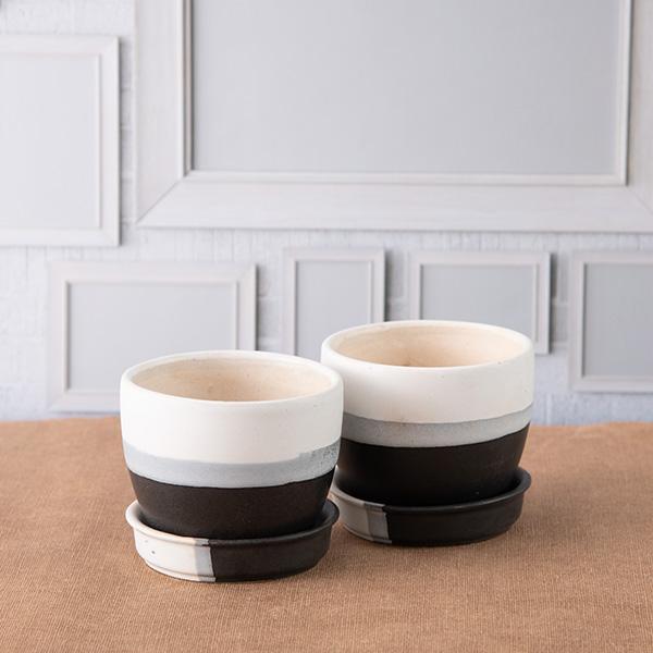 3.7 inch (9 cm) Round Egg Ceramic Pot with Plate (White, Black) (Set of 2)