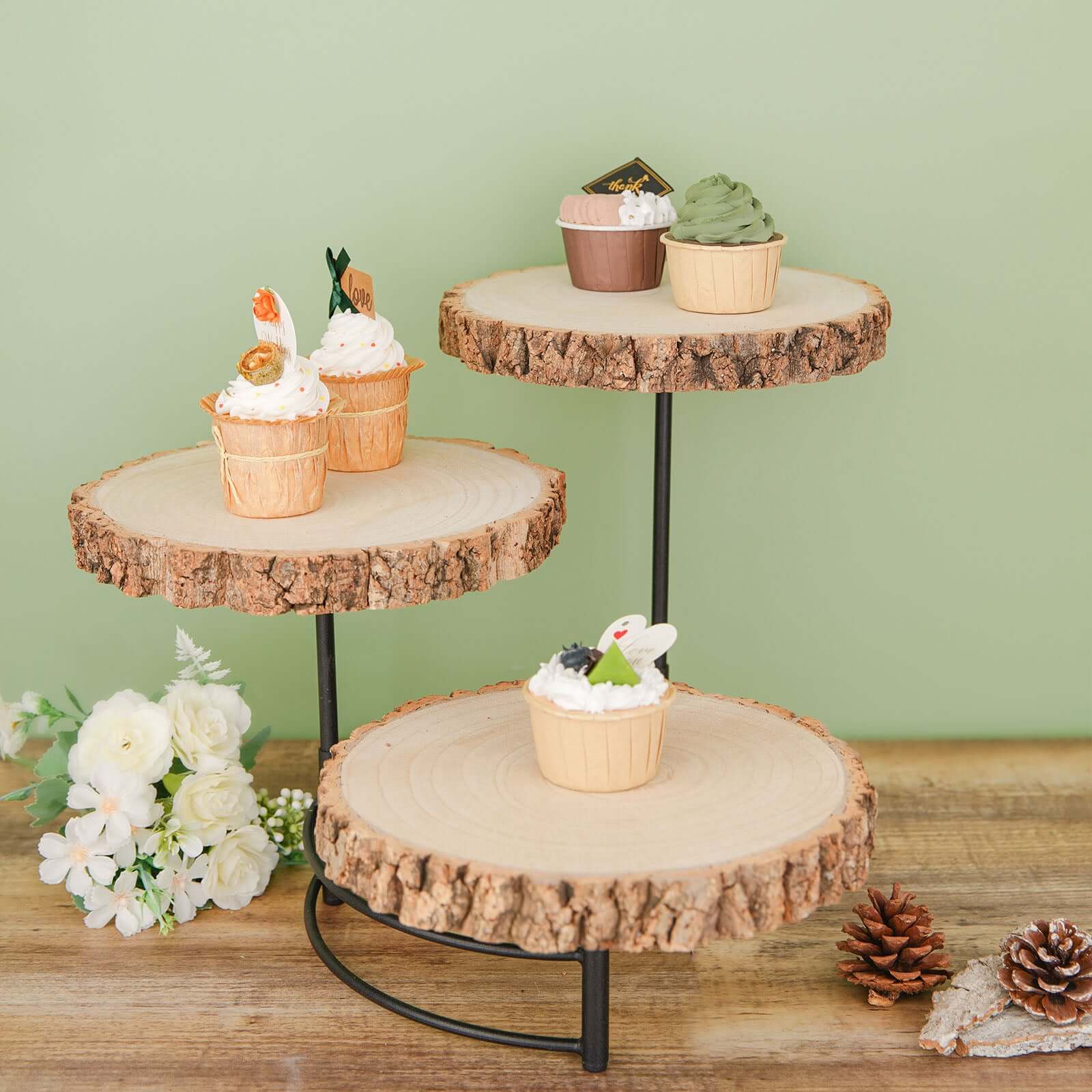 3-Tier Wood Slice Cheese Board, Cupcake Stand, Half Moon Rustic Centerpiece 12