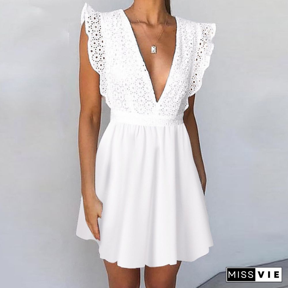 Summer Women Sleeveless Tank Dress Lace Stitching V-neck Ruffle Party Casual Solid Mini Dress Vestidos