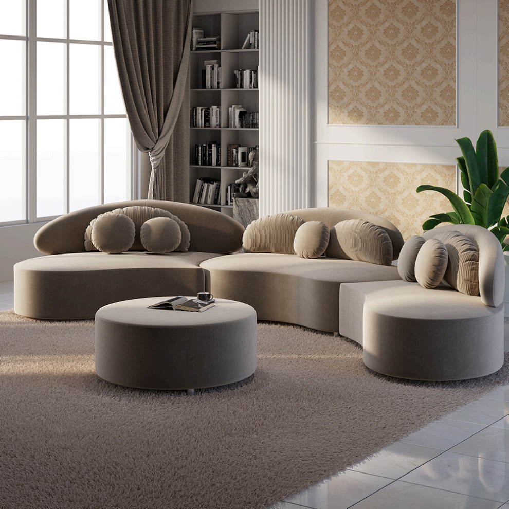 Khaki 4 Pieces Curved Sectional Modular Sofa Velvet Upholstered with Ottoman   Contemporary   Sectional Sofas   by Homary International Limited  Houzz