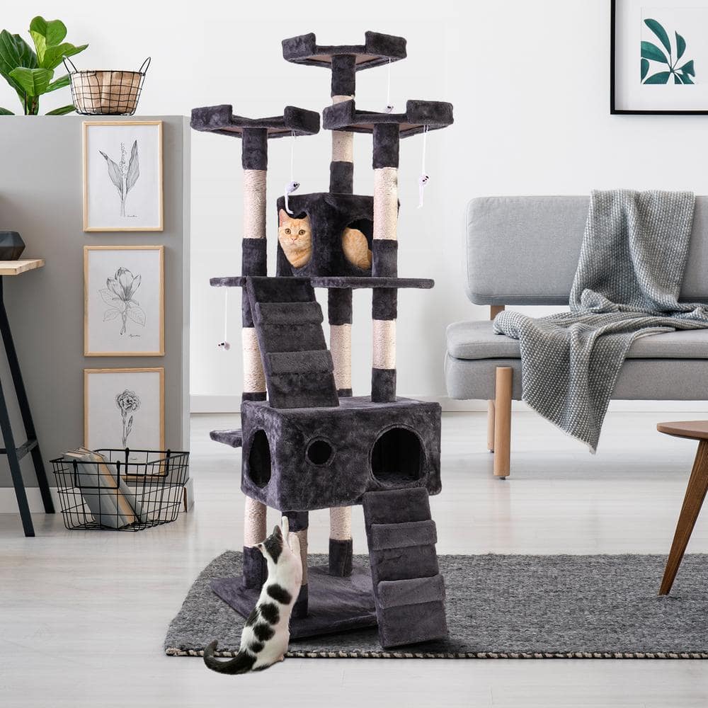 COZIWOW 67 in. and 34 in. H Multi-Level Cat Tree with Kitten Activity Center Plush Perch CW12W5225MS