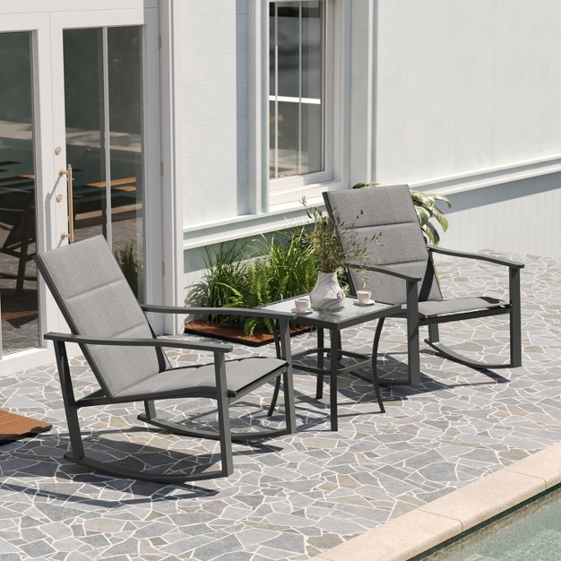 Merrick Lane 3 Piece Outdoor Bistro Set With Flex Comfort Rocking Chairs And Steel Framed Glass Top Table