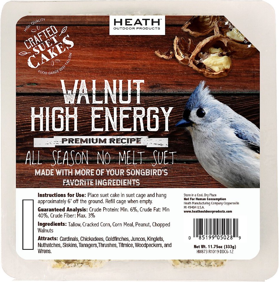 Heath Crafted Suet Cakes Walnut High Energy Wild Bird Food， 11.75-oz， case of 12