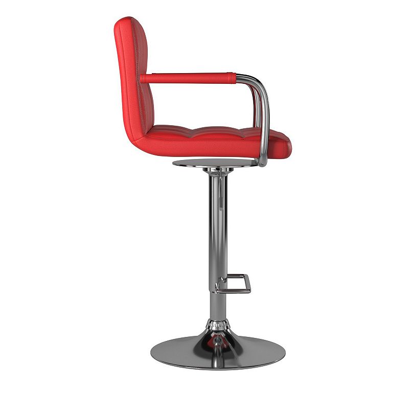 Leatherette Swivel Barstool with Square Stitched Details， Red and Silver