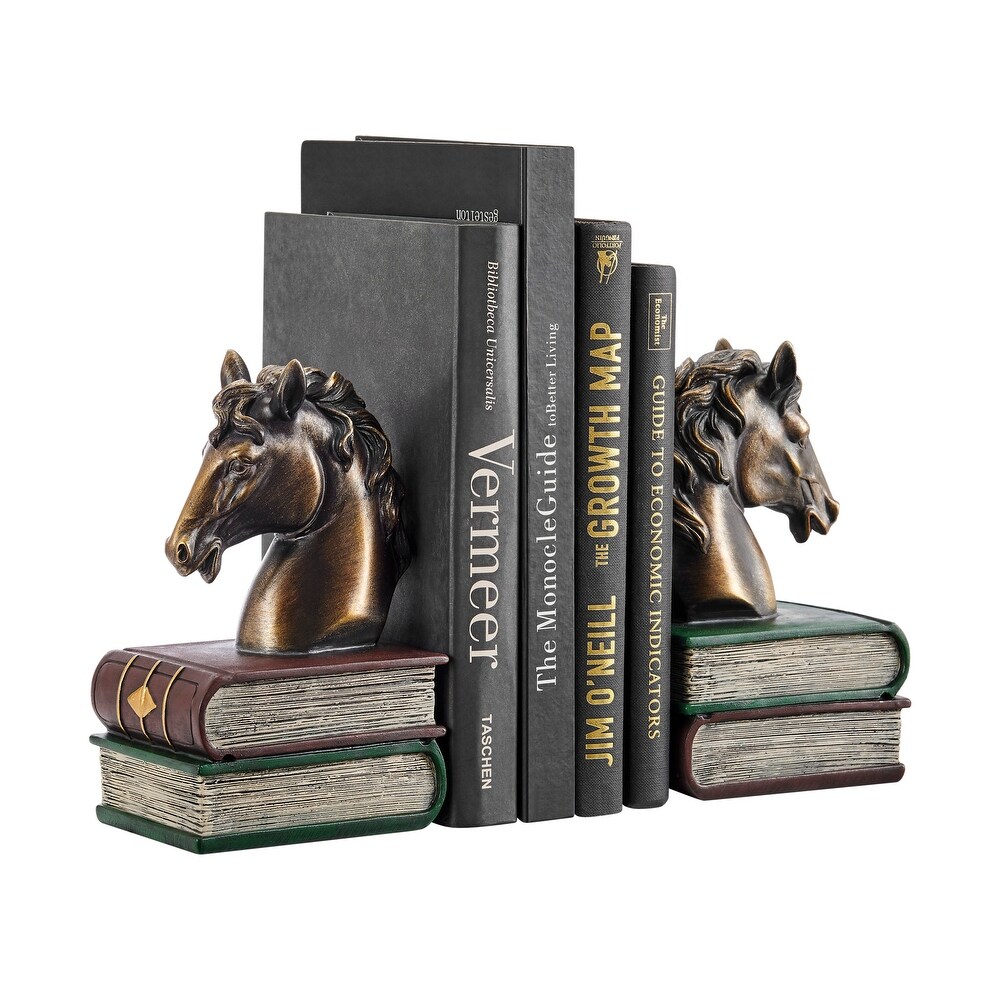 Danya B. Horses on Books Polyresin Antique Patina Finish Bookend Set of 2