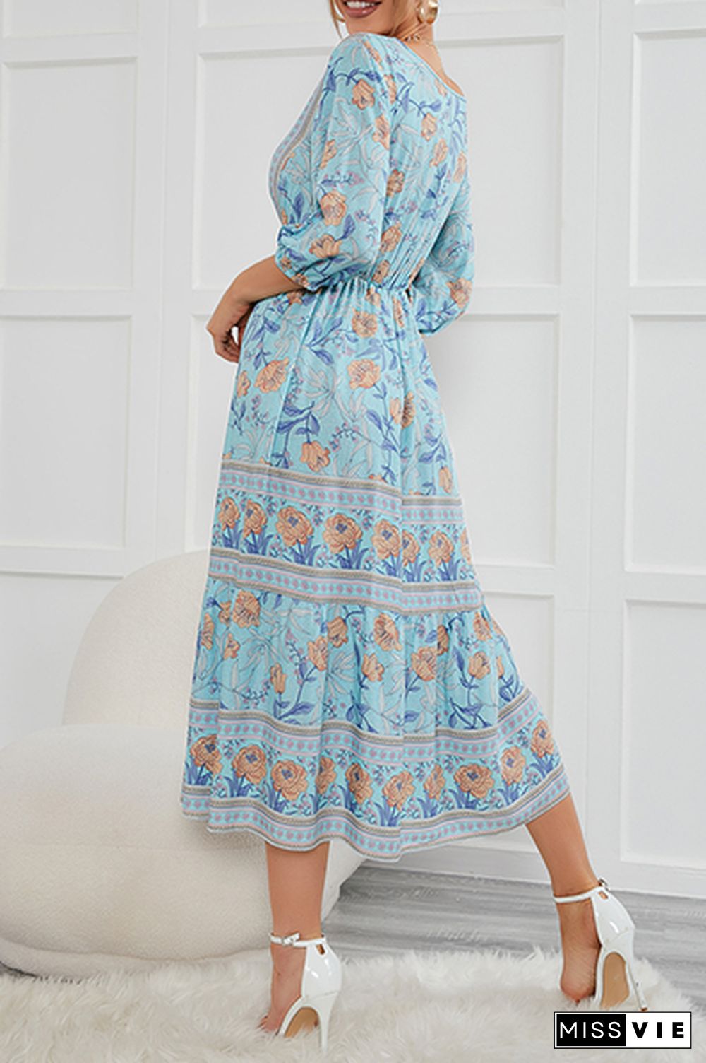 Bohemian Floral Buckle V Neck A Line Dresses