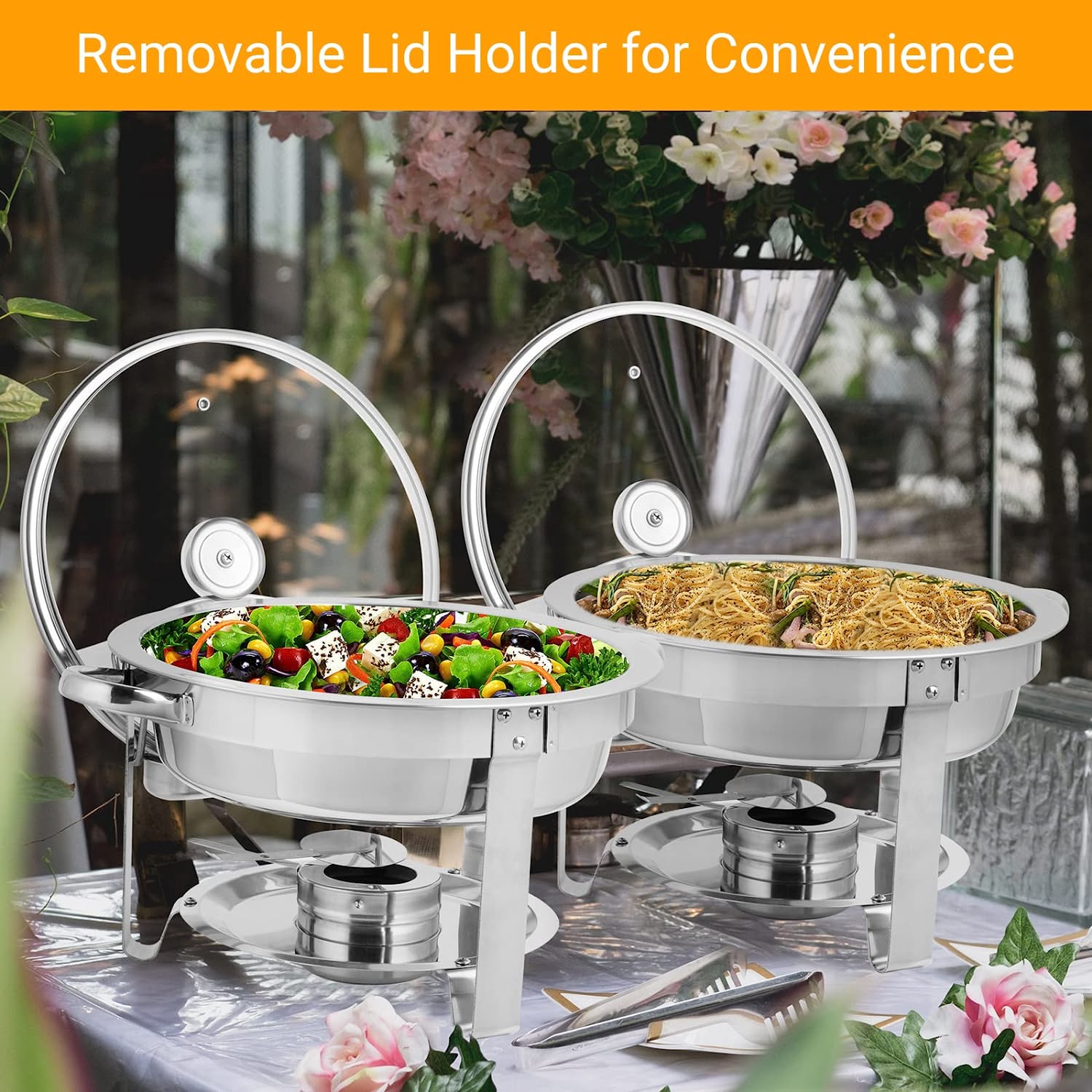 ROVSUN 5 Qt Round Chafing Dish Buffet Set with Glass Lid and Lid Holder，