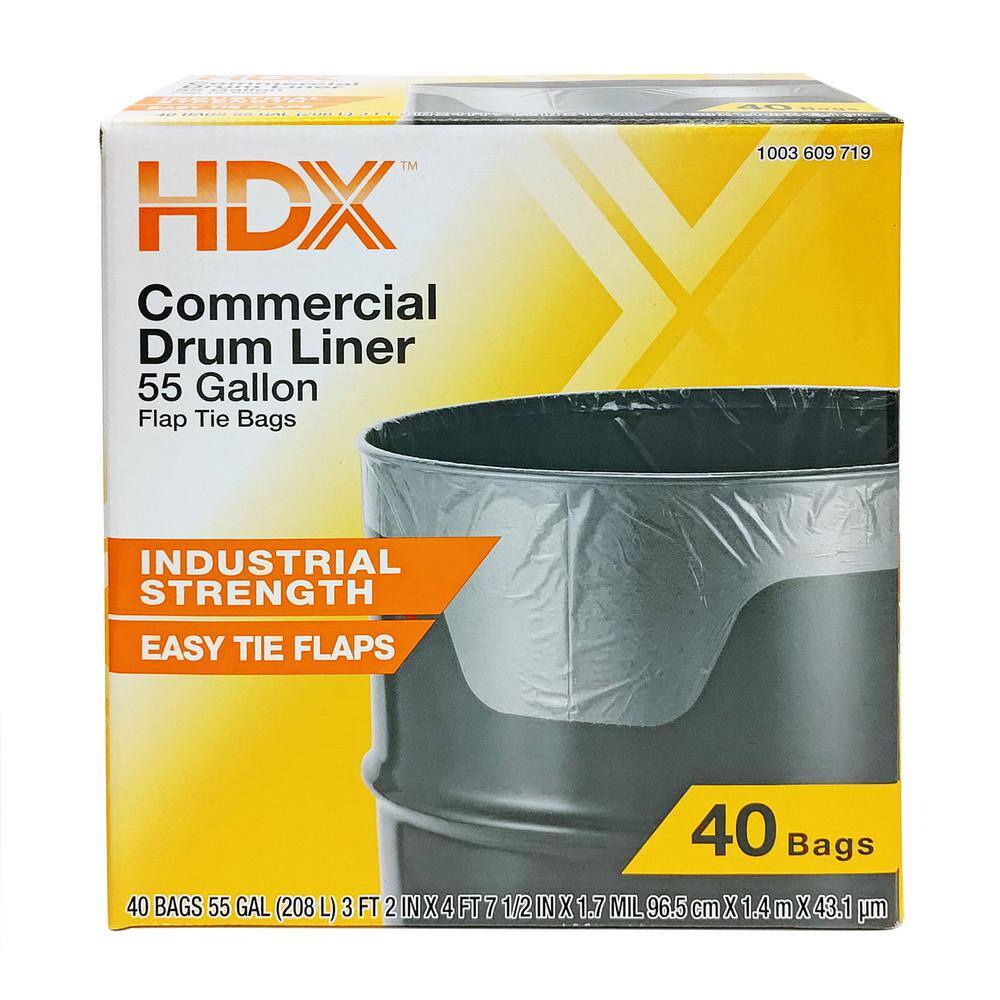 HDX 55 Gal. Clear Heavy-Duty Flap Tie Drum Liner Trash Bags (40-Count) HD55WC040C