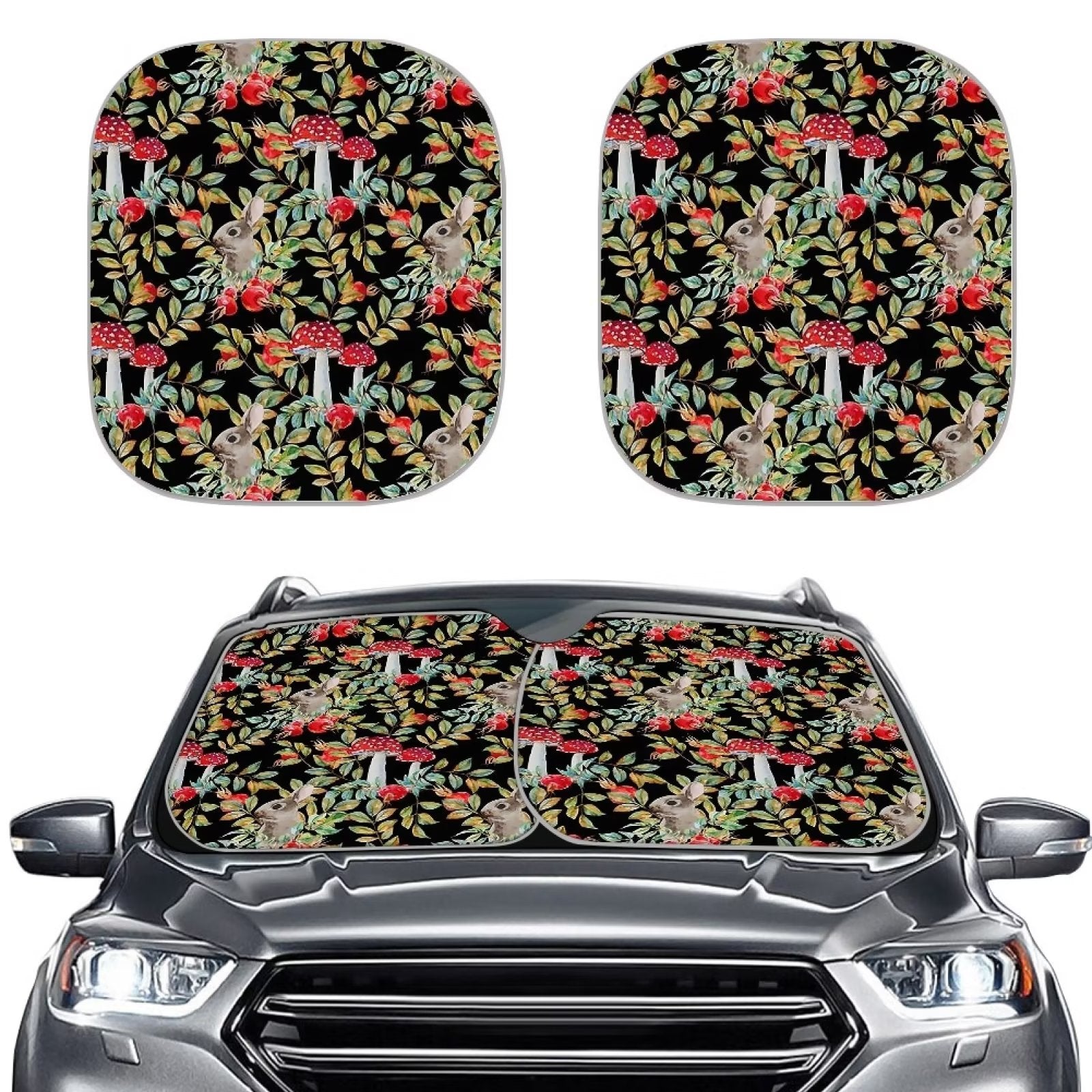 TOADDMOS 2 Pcs Auto Windshield Sunshade UV Reflecting Foldable Front Windshield Sun Shade Cartoon Mushroom Rabbit Print Front Window Visor Shade Easy Install